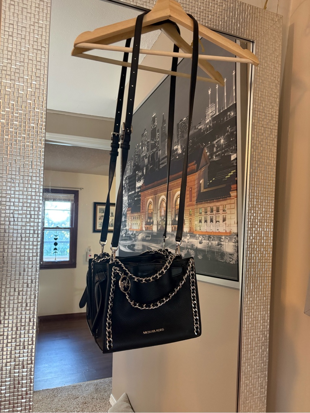 Michael Kors Black Leather Mini Shoulder Bag with Silver Chain Detail